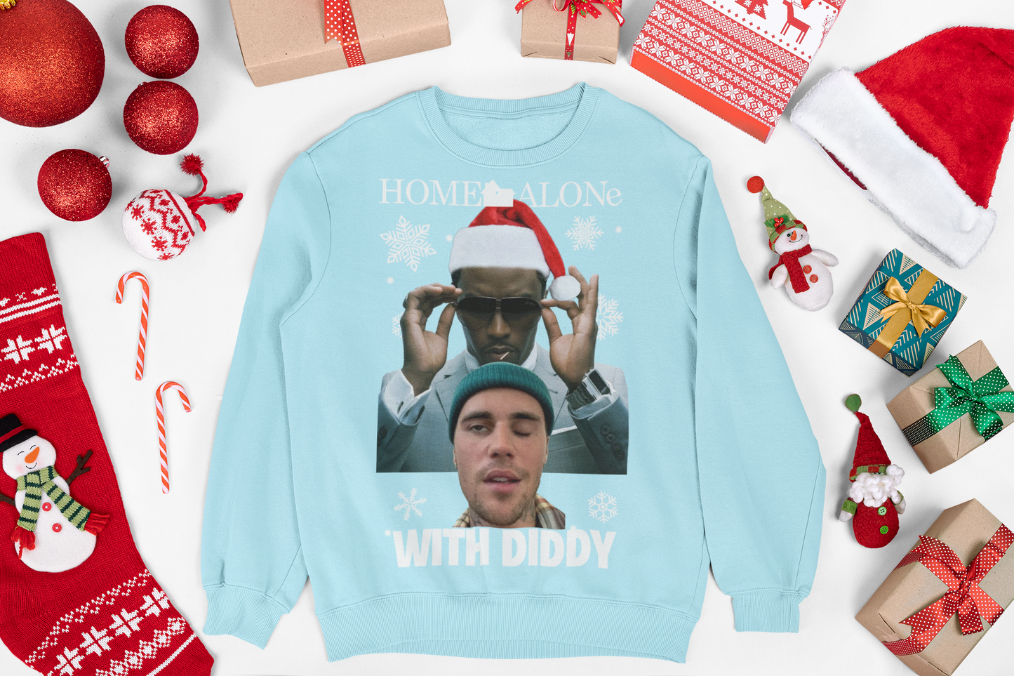 Christmas jumper featuring a fun, festive design inspired by the classic movie Home Alone, with a playful twist. The design includes a cartoon version of Diddy, styled to resemble iconic scenes from the film, set against a backdrop of Christmas decorations like trees, presents, and snowflakes. The jumper combines holiday cheer with pop culture for a unique and humorous look