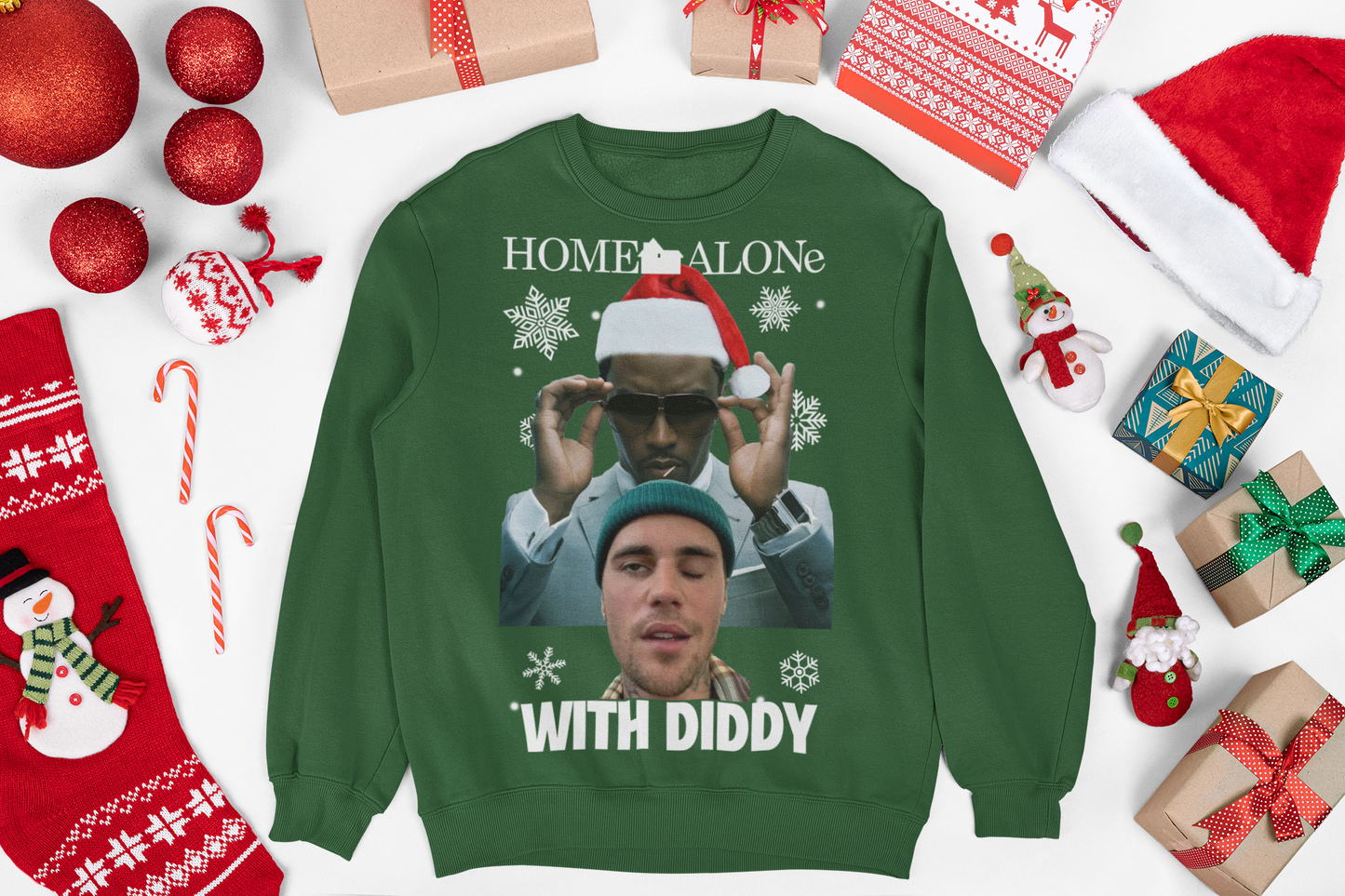 Christmas jumper featuring a fun, festive design inspired by the classic movie Home Alone, with a playful twist. The design includes a cartoon version of Diddy, styled to resemble iconic scenes from the film, set against a backdrop of Christmas decorations like trees, presents, and snowflakes. The jumper combines holiday cheer with pop culture for a unique and humorous look
