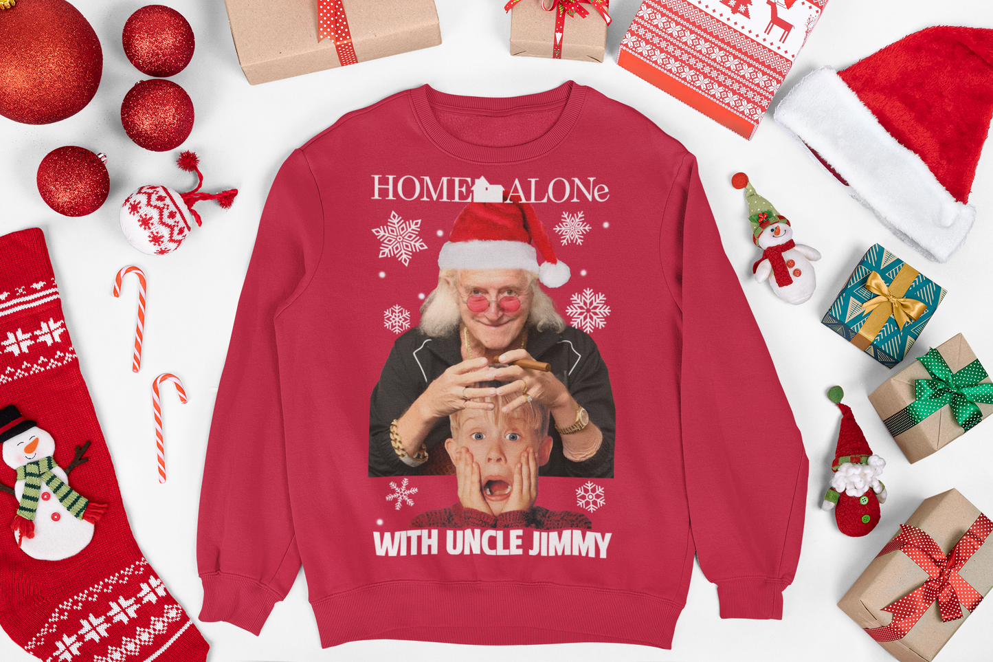 Christmas jumper featuring a quirky design inspired by the movie Home Alone. The front of the sweater shows a playful mashup with Uncle Jimmy Saville's face alongside iconic scenes from the film. The vibrant colors and festive elements, like Christmas trees and snowflakes, add to the holiday theme. The design combines elements of both nostalgia and humor, blending classic holiday imagery with a pop-culture twist