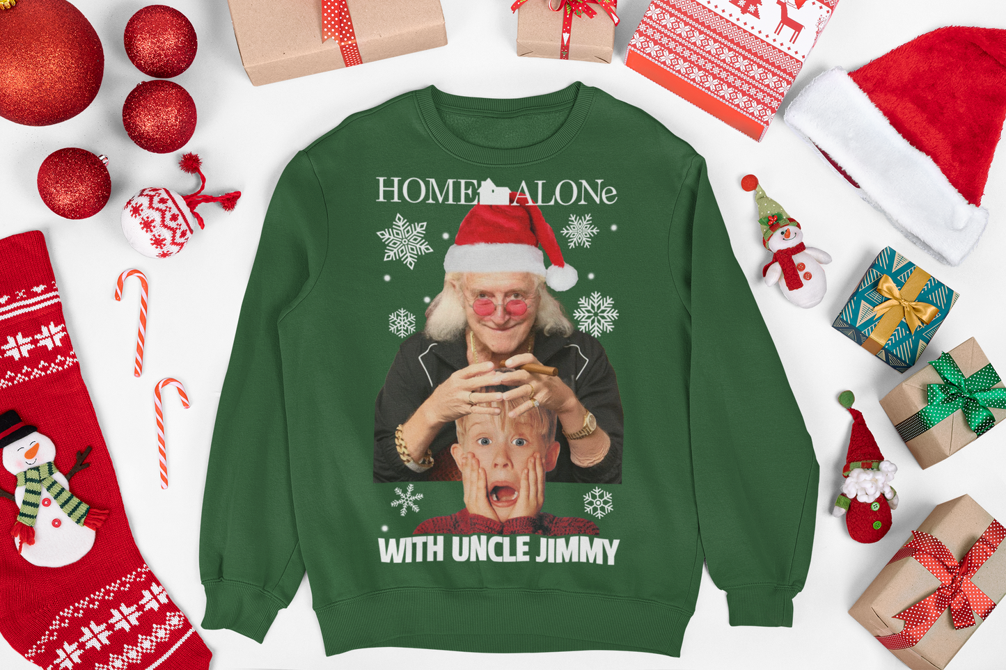 Christmas jumper featuring a quirky design inspired by the movie Home Alone. The front of the sweater shows a playful mashup with Uncle Jimmy Saville's face alongside iconic scenes from the film. The vibrant colors and festive elements, like Christmas trees and snowflakes, add to the holiday theme. The design combines elements of both nostalgia and humor, blending classic holiday imagery with a pop-culture twist