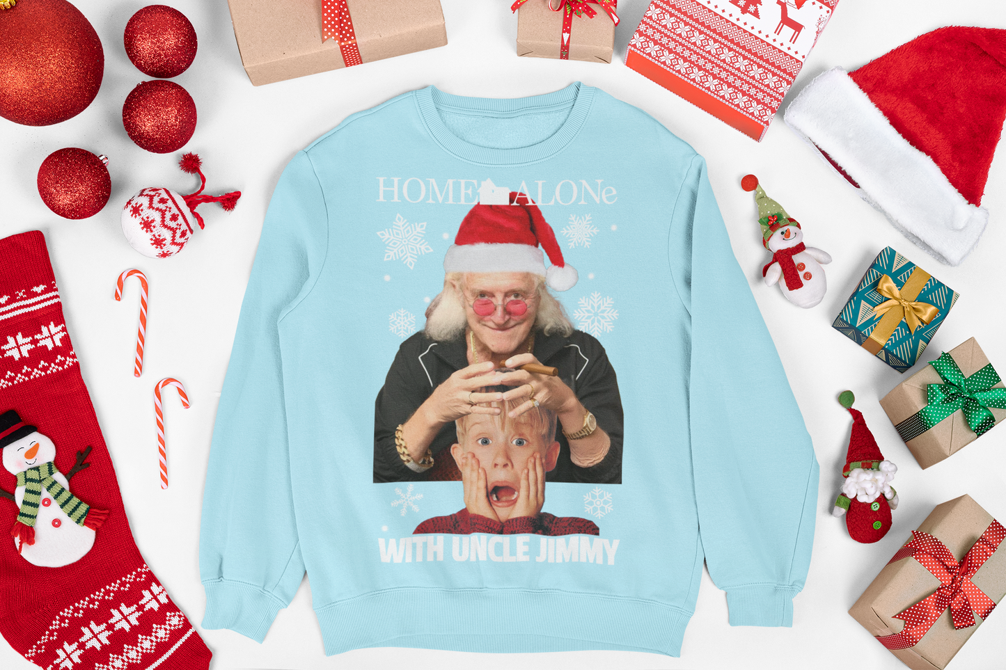 Christmas jumper featuring a quirky design inspired by the movie Home Alone. The front of the sweater shows a playful mashup with Uncle Jimmy Saville's face alongside iconic scenes from the film. The vibrant colors and festive elements, like Christmas trees and snowflakes, add to the holiday theme. The design combines elements of both nostalgia and humor, blending classic holiday imagery with a pop-culture twist