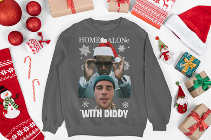 Christmas jumper featuring a fun, festive design inspired by the classic movie Home Alone, with a playful twist. The design includes a cartoon version of Diddy, styled to resemble iconic scenes from the film, set against a backdrop of Christmas decorations like trees, presents, and snowflakes. The jumper combines holiday cheer with pop culture for a unique and humorous look