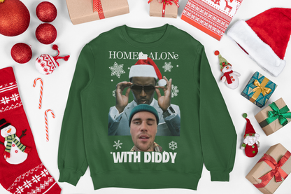 Christmas jumper featuring a fun, festive design inspired by the classic movie Home Alone, with a playful twist. The design includes a cartoon version of Diddy, styled to resemble iconic scenes from the film, set against a backdrop of Christmas decorations like trees, presents, and snowflakes. The jumper combines holiday cheer with pop culture for a unique and humorous look