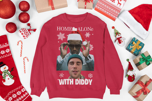 Christmas jumper featuring a fun, festive design inspired by the classic movie Home Alone, with a playful twist. The design includes a cartoon version of Diddy, styled to resemble iconic scenes from the film, set against a backdrop of Christmas decorations like trees, presents, and snowflakes. The jumper combines holiday cheer with pop culture for a unique and humorous look