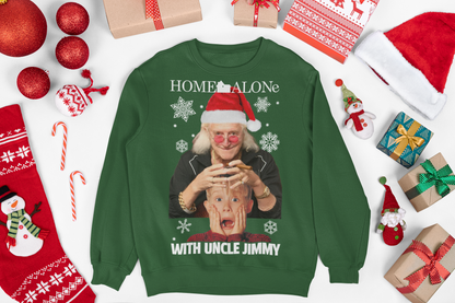 Christmas jumper featuring a quirky design inspired by the movie Home Alone. The front of the sweater shows a playful mashup with Uncle Jimmy Saville's face alongside iconic scenes from the film. The vibrant colors and festive elements, like Christmas trees and snowflakes, add to the holiday theme. The design combines elements of both nostalgia and humor, blending classic holiday imagery with a pop-culture twist