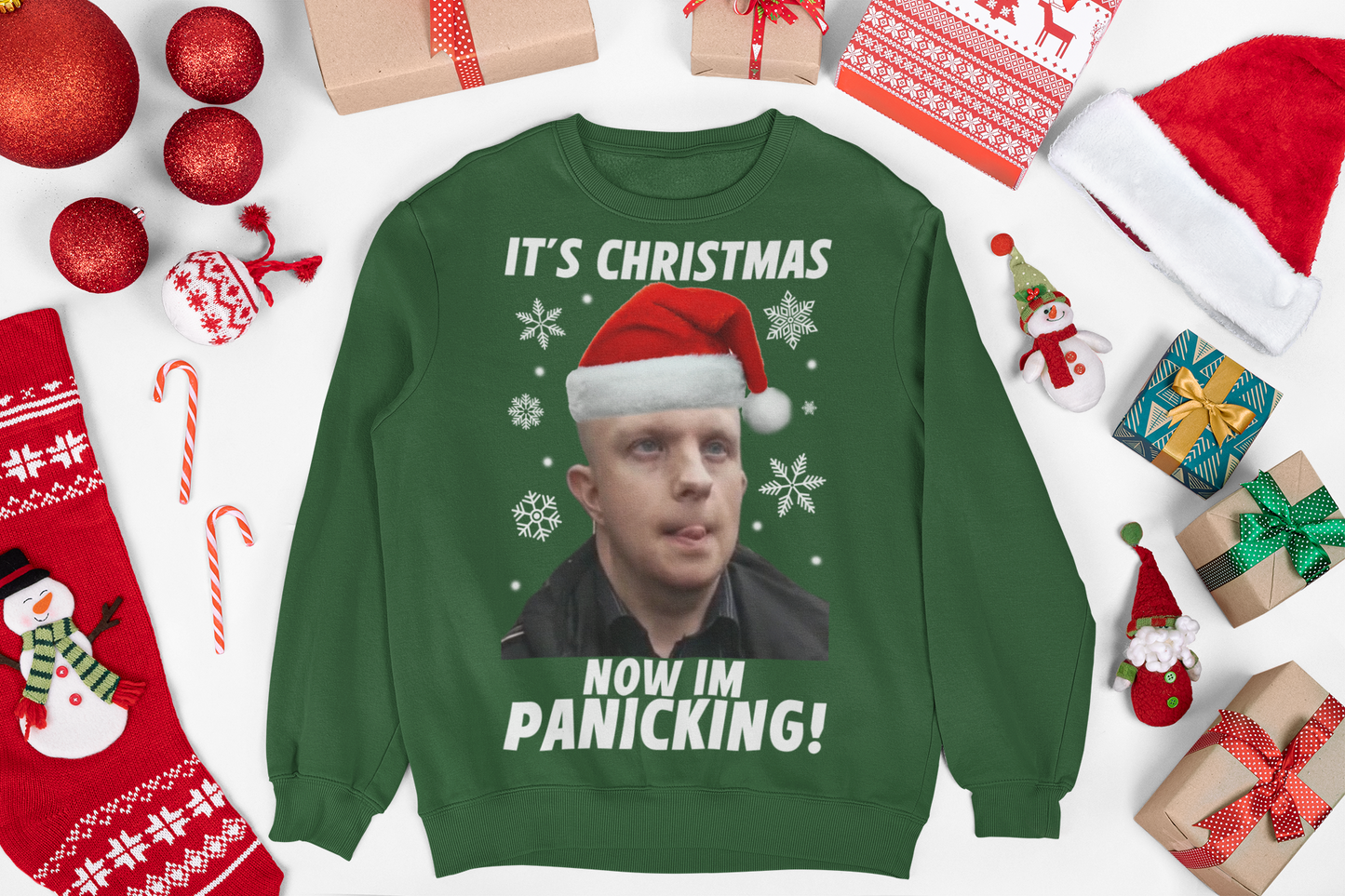 Christmas jumper featuring a bald nonce, humorous design with a cartoon character or face, adding a cheeky twist to your holiday wardrobe. The sweater has a playful vibe, with festive elements like Christmas trees or snowflakes incorporated into the design