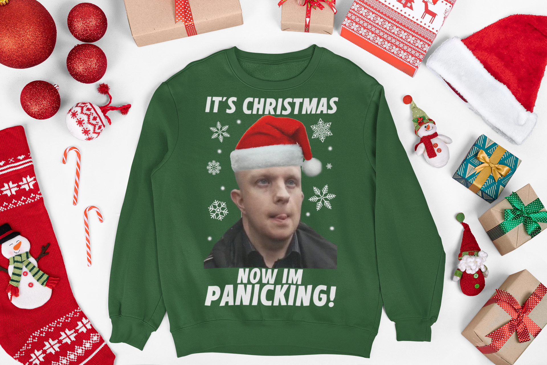 Christmas jumper featuring a bald nonce, humorous design with a cartoon character or face, adding a cheeky twist to your holiday wardrobe. The sweater has a playful vibe, with festive elements like Christmas trees or snowflakes incorporated into the design