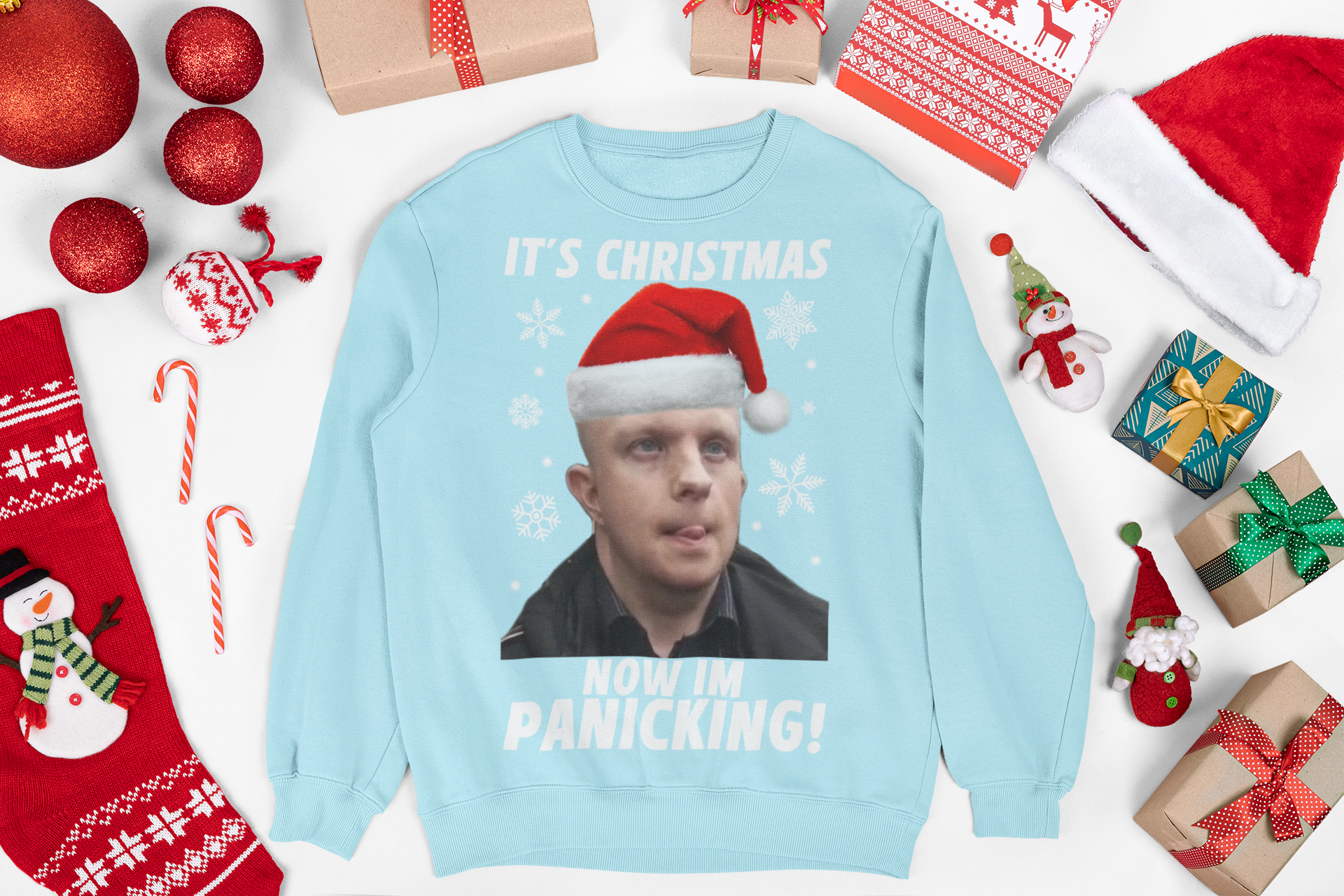 Christmas jumper featuring a bald nonce, humorous design with a cartoon character or face, adding a cheeky twist to your holiday wardrobe. The sweater has a playful vibe, with festive elements like Christmas trees or snowflakes incorporated into the design